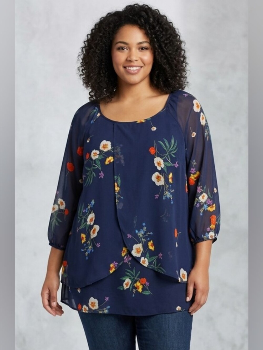 113. Tamara H. - Navy Floral Layered Chiffon Tunic
